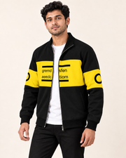 Black & Yellow Colourblock Fleece Zip-Up Jacket — three-quarter front model view