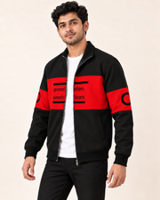 Black & Red Colourblock Fleece Zip-Up Jacket — three-quarter front model view