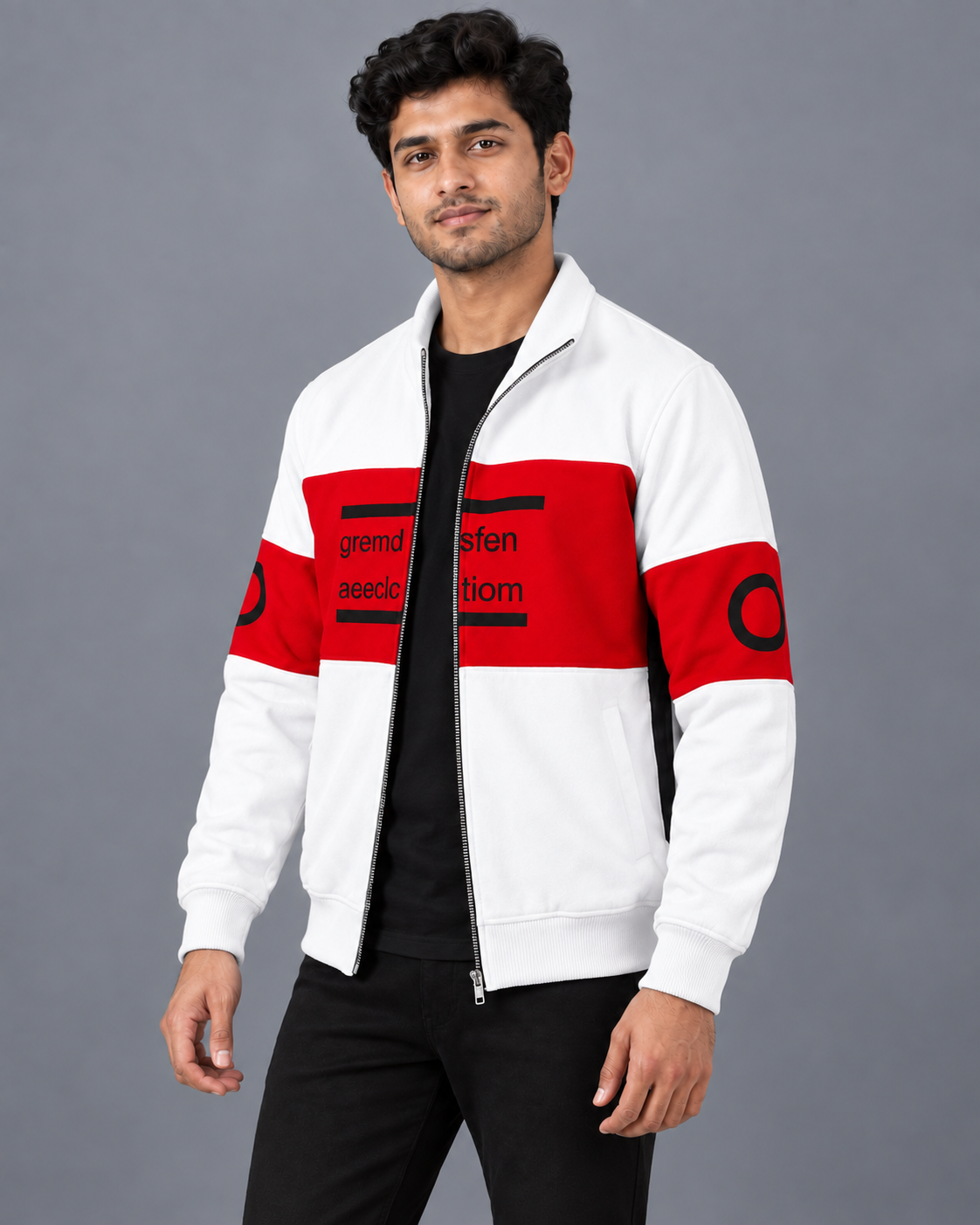 White & Red Colourblock Fleece Zip-Up Jacket — three-quarter front model view