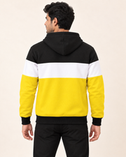 Rear model view of black white yellow colourblock fleece hoodie with plain back