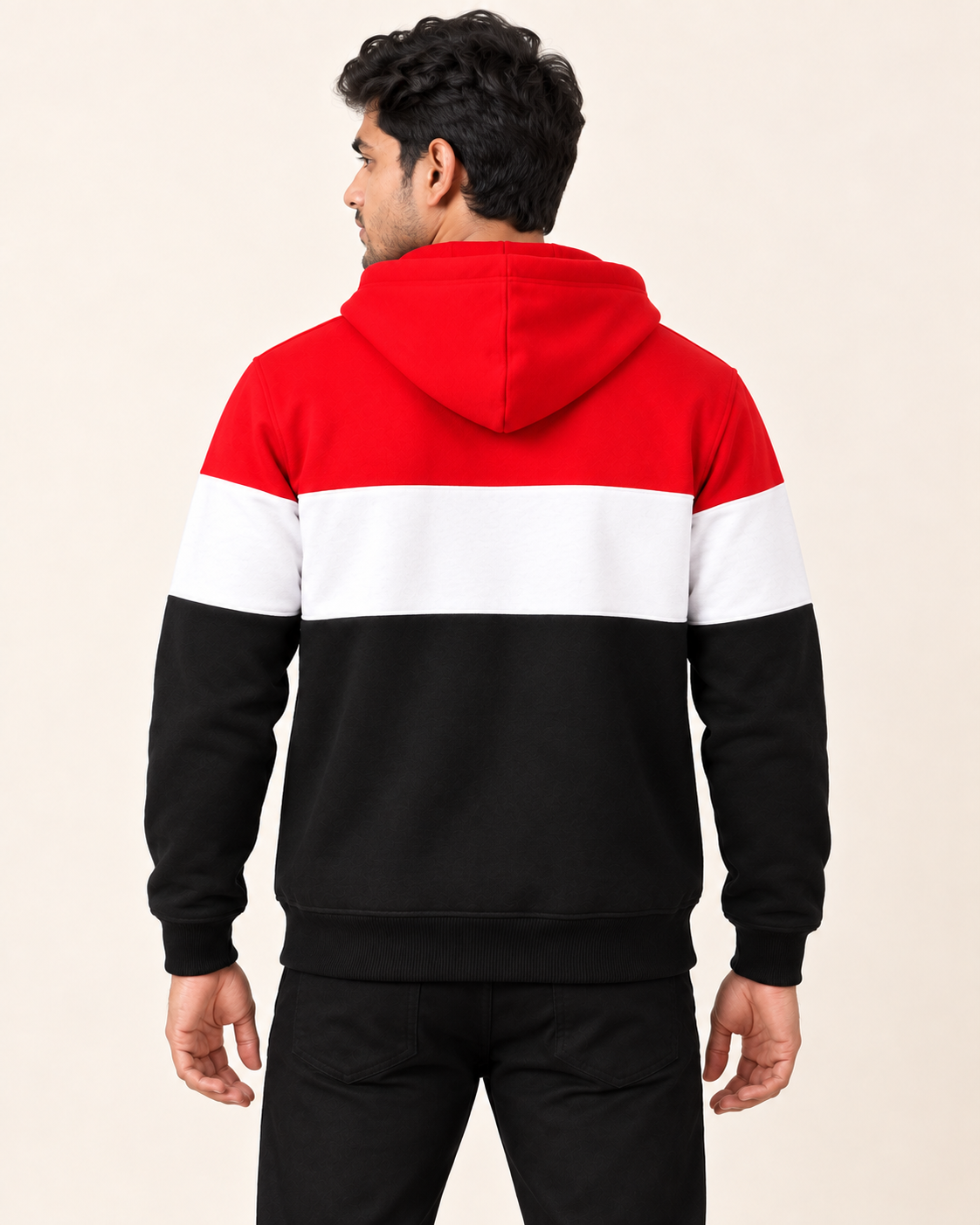 Rear model view of red white black colourblock fleece hoodie with plain back