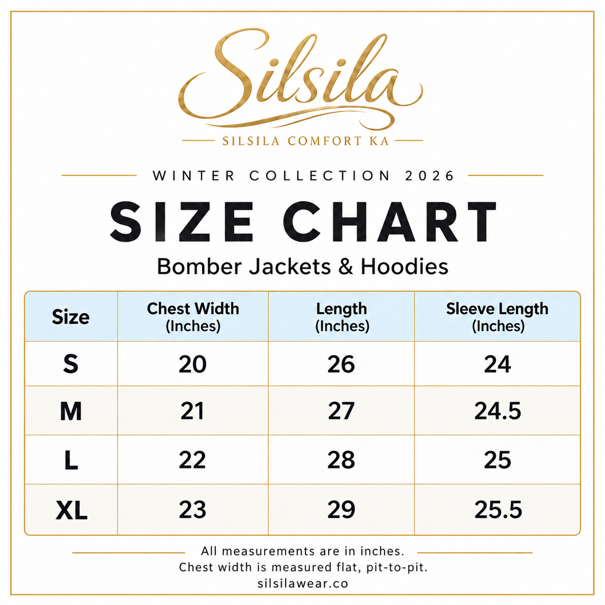 Fashion by INZ winter bomber jackets and hoodies size chart, Small to XL, measurements in inches