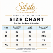 Fashion by INZ winter bomber jackets and hoodies size chart, Small to XL, measurements in inches