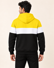 Rear model view of yellow white black colourblock fleece hoodie with plain back