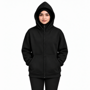 Women's Black High-Zip Fleece Balaclava Hoodie on a female model, face zip lowered