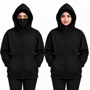 Women's Black High-Zip Fleece Balaclava Hoodie shown with face zip raised and lowered