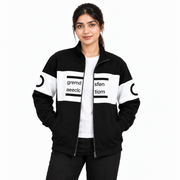 Women's Black & White Colourblock Fleece Zip-Up Jacket on a female model, front view 1