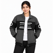 Women's charcoal and black colourblock fleece jacket with matching charcoal collar, front model view 1