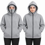Women's Grey High-Zip Fleece Balaclava Hoodie shown with face zip raised and lowered