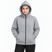 Women's Grey High-Zip Fleece Balaclava Hoodie on a female model, face zip lowered