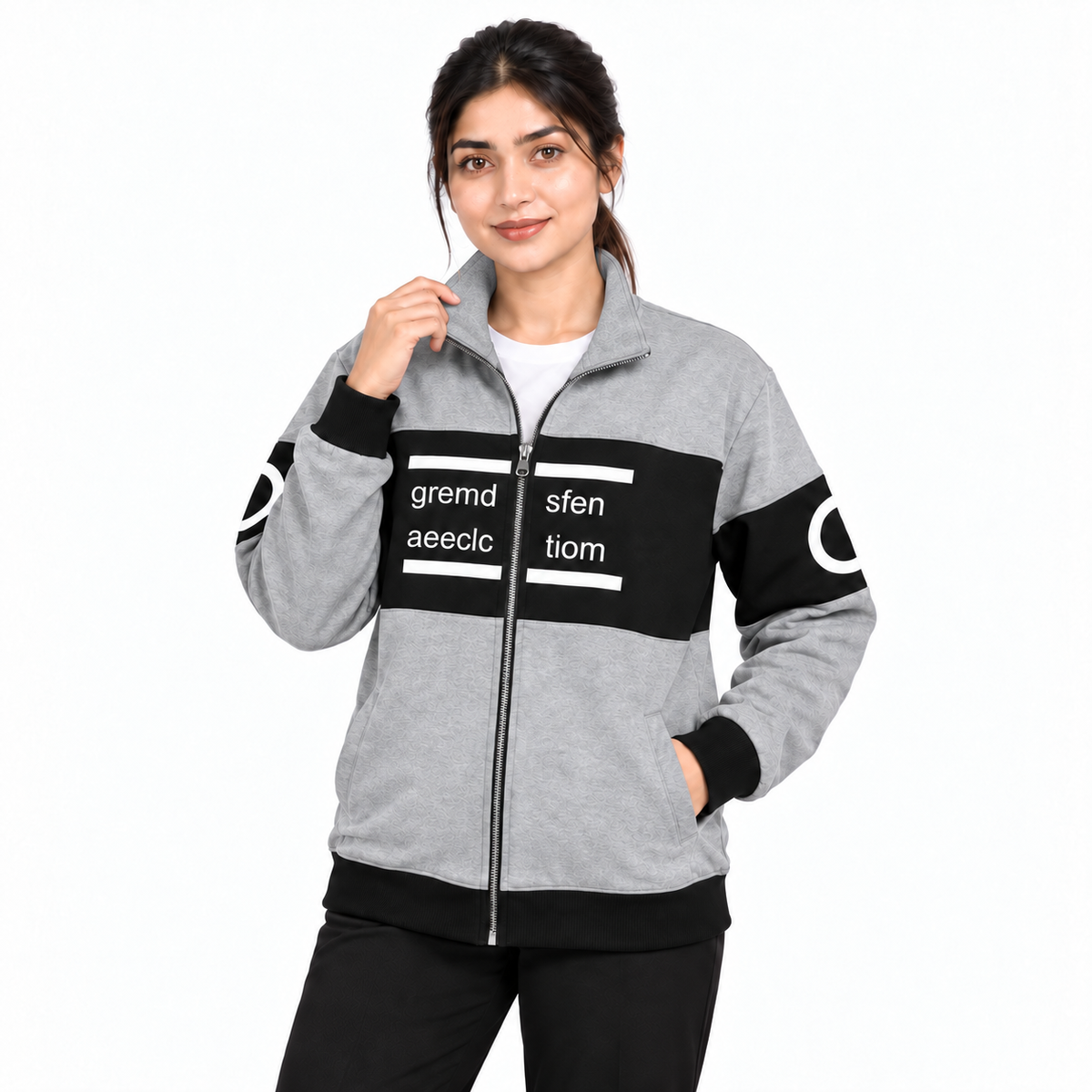 Women's Grey & Black Colourblock Fleece Zip-Up Jacket