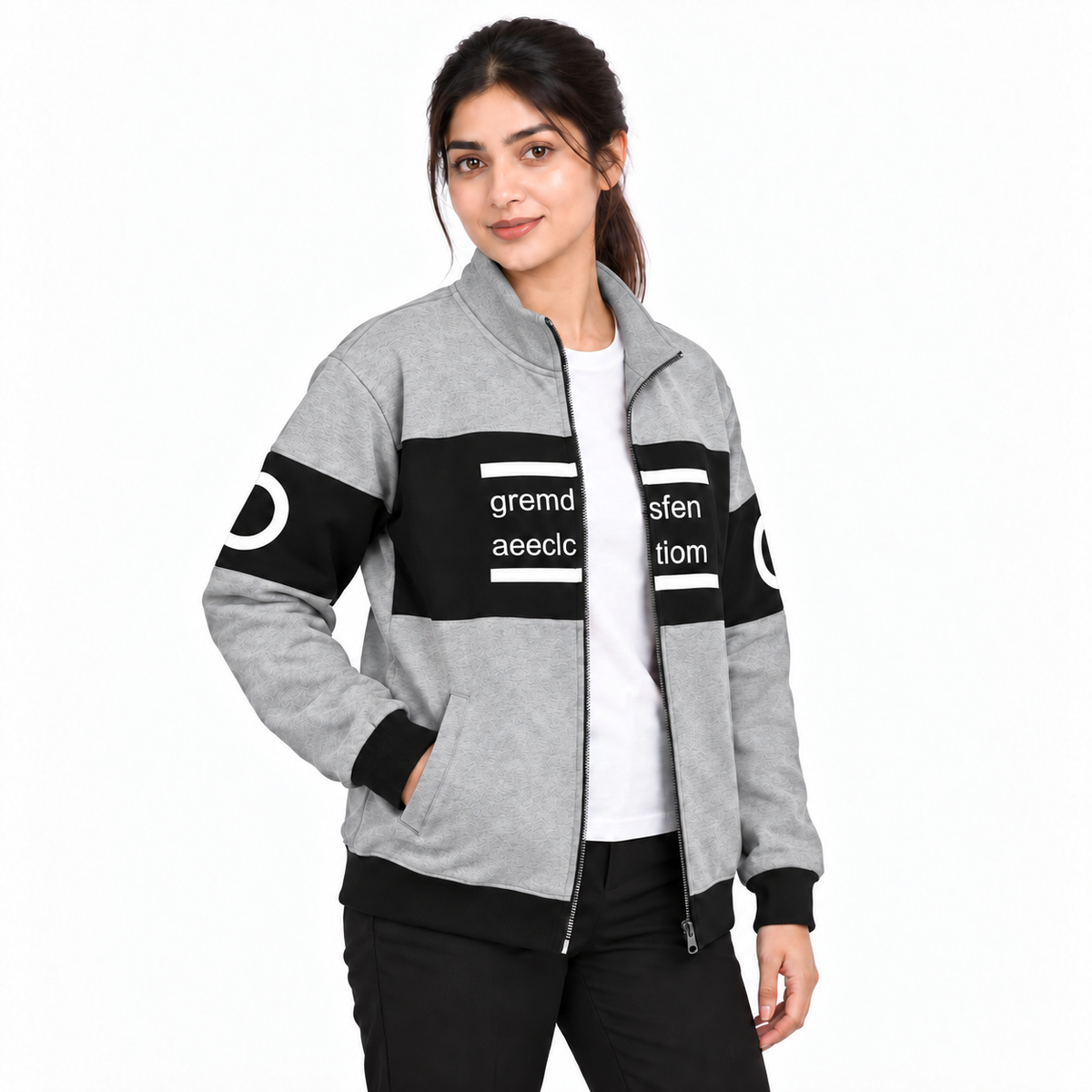 Women's Grey & Black Colourblock Fleece Zip-Up Jacket