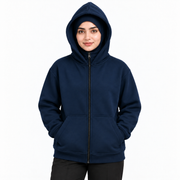 Women's Navy High-Zip Fleece Balaclava Hoodie on a female model, face zip lowered