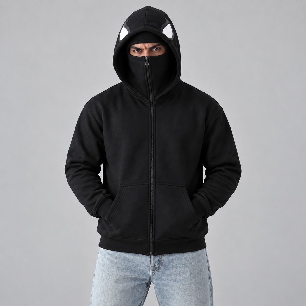Black Balaclava Spider Back Print Fleece Hoodie