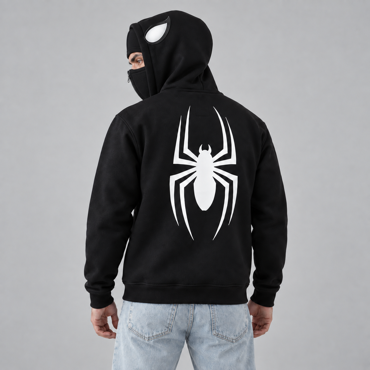 Black Balaclava Spider Back Print Fleece Hoodie